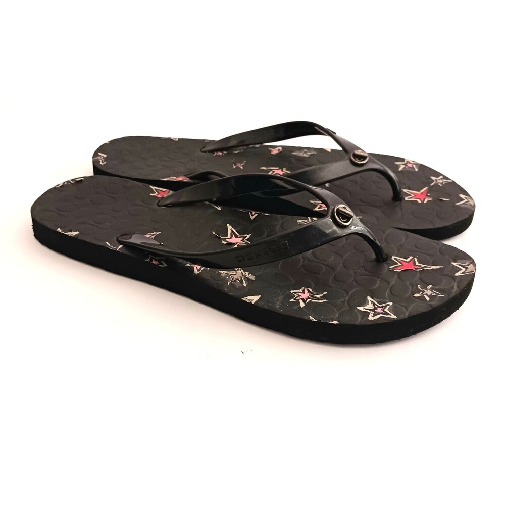 Coach Abbigail Turnlock Flip Flops Black C Logo Embossed Insole w Stars Sz 9 - Picture 5 of 9